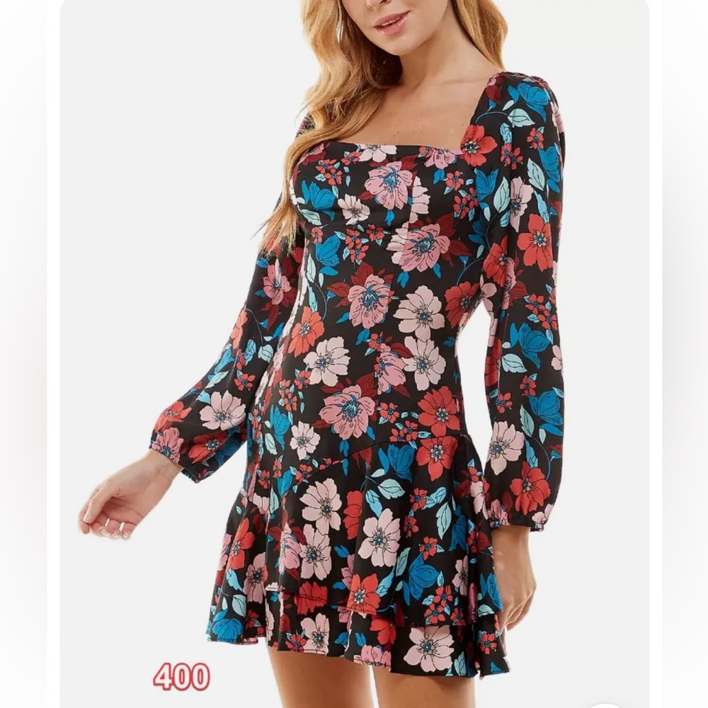 City Studio Long Sleeve Flounce Hem Floral Mini Dress